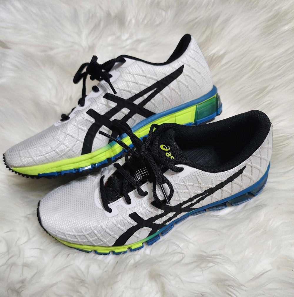 ASICS White Black Neon Yellow & Blue Athletic Running Shoes